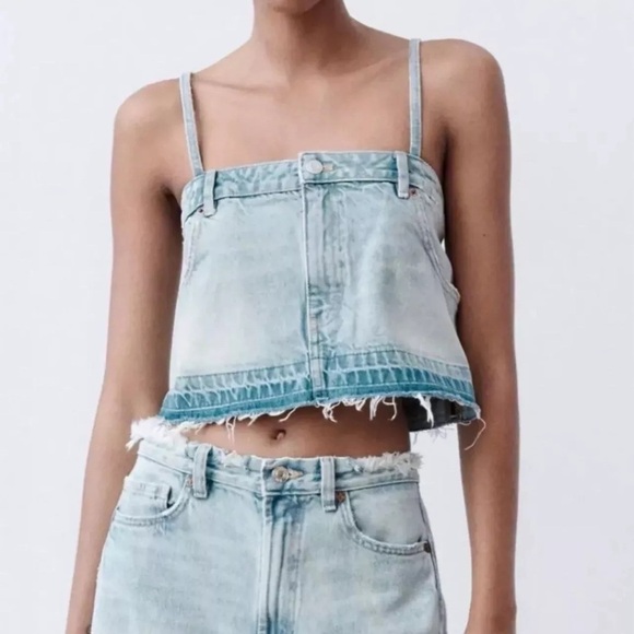 ZARA Women’s Cropped Denim Jean Spaghetti Strap Top Size 
Xsmall - Picture 1 of 7
